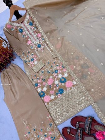 Elegant Beige Heavy  Suit with Sequin Embroidery Palazzo Set