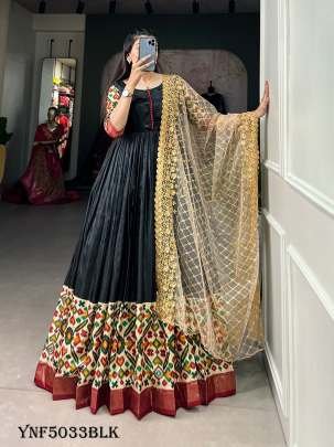 Elegant Black Color Foil Printed Dola Silk Gown
