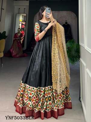 Elegant Black Color Foil Printed Dola Silk Gown