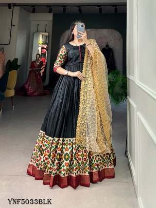 Elegant Black Color Foil Printed Dola Silk Gown
