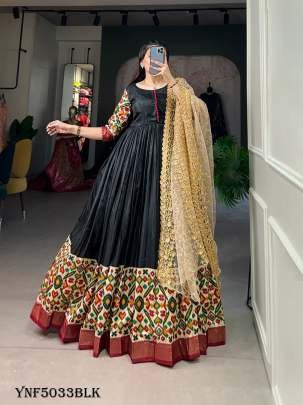 Elegant Black Color Foil Printed Dola Silk Gown