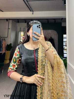 Elegant Black Color Foil Printed Dola Silk Gown