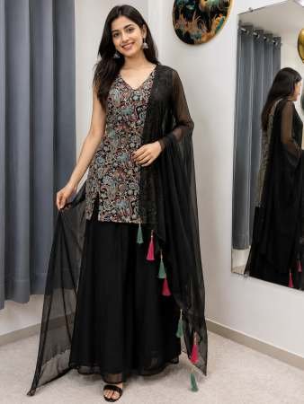 Elegant Black Embroidered Ensemble Palazzo Suit