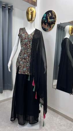 Elegant Black Embroidered Ensemble Palazzo Suit
