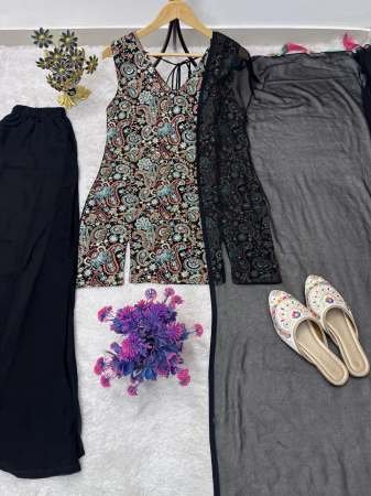 Elegant Black Embroidered Ensemble Palazzo Suit