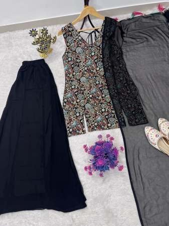 Elegant Black Embroidered Ensemble Palazzo Suit
