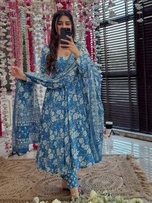 Elegant Blue Soft Cotton Floral Ready Made Suit