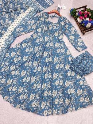 Elegant Blue Soft Cotton Floral Ready Made Suit