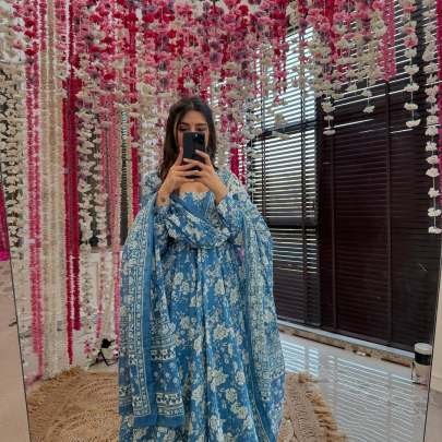 Elegant Blue Soft Cotton Floral Ready Made Suit