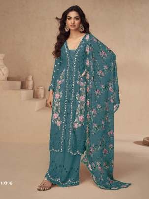 Elegant Chinon Silk Rama Green Suit With Mirror And Sequence Work