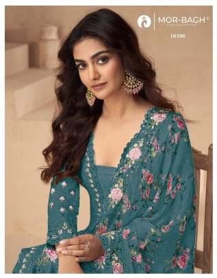 Elegant Chinon Silk Rama Green Suit With Mirror And Sequence Work