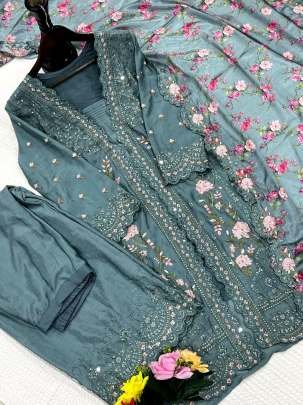 Elegant Chinon Silk Rama Green Suit With Mirror And Sequence Work