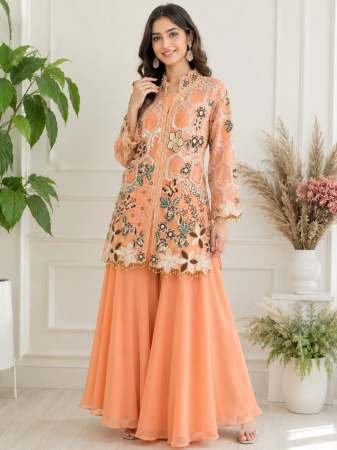 Elegant Coral Embroidered Top With Palazzo