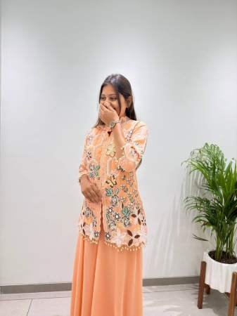 Elegant Coral Embroidered Top With Palazzo
