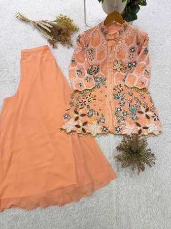 Elegant Coral Embroidered Top With Palazzo