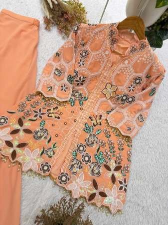 Elegant Coral Embroidered Top With Palazzo