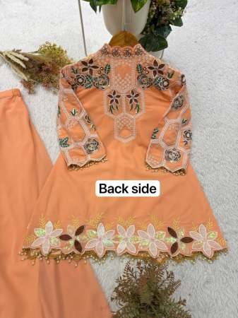 Elegant Coral Embroidered Top With Palazzo