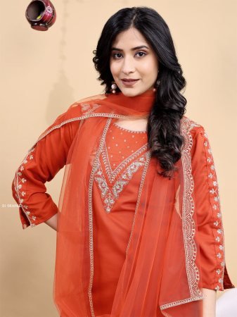 Elegant Cotton Embroidered Kurta Pant Dupatta Set