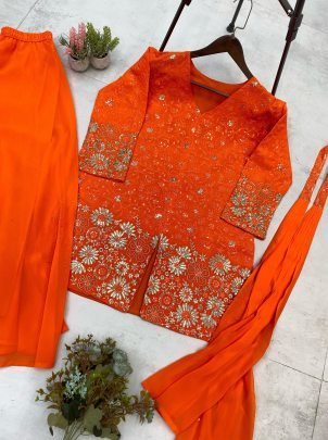 Elegant Designer Georgette With Sequence Work Orange Plazzo Set