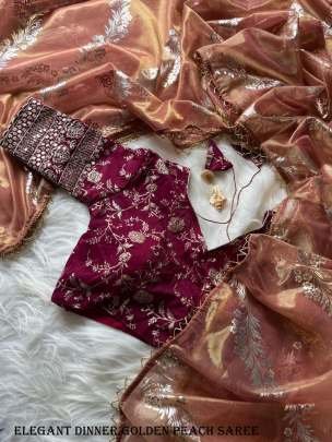Elegant Dinner Golden Peach Saree With Attractive Foil Work