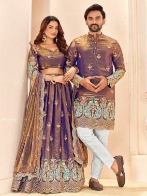 Elegant Fendi Silk Semi-Stitched Lehenga with Men’s Kurta