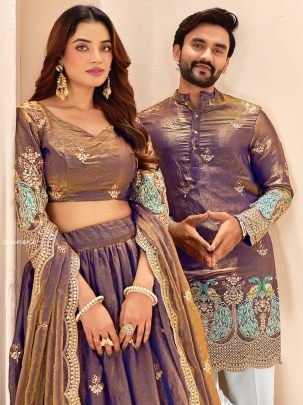 Elegant Fendi Silk Semi-Stitched Lehenga with Men’s Kurta