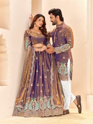 Elegant Fendi Silk Semi-Stitched Lehenga with Men’s Kurta