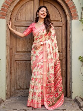 Elegant Floral Print  Pink Saree With Designer Pallu 
