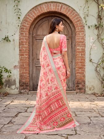 Elegant Floral Print  Pink Saree With Designer Pallu