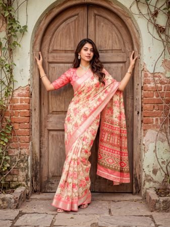 Elegant Floral Print  Pink Saree With Designer Pallu