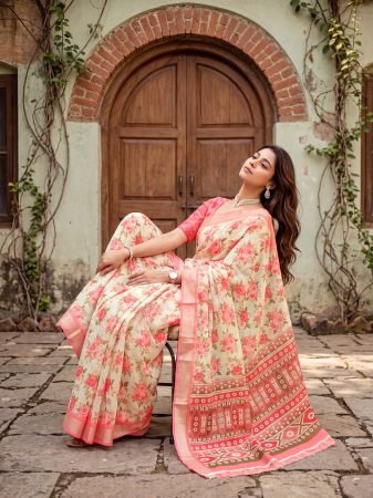Elegant Floral Print  Pink Saree With Designer Pallu