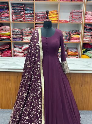 Elegant Fox Georgette  With Sequence Work Dupatta Wine Gown