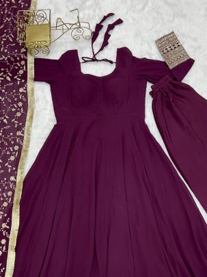 Elegant Fox Georgette  With Sequence Work Dupatta Wine Gown