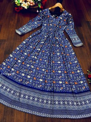 Elegant Full Sleeve Blue Patola Print Gown
