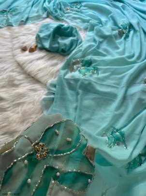 Elegant Georgette Hand work Sky Blue Saree