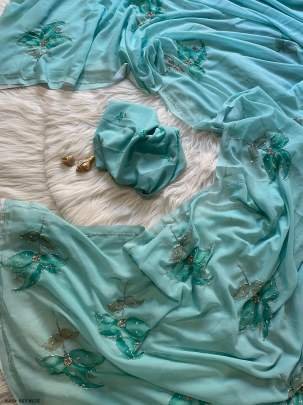 Elegant Georgette Hand work Sky Blue Saree