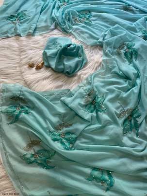Elegant Georgette Hand work Sky Blue Saree