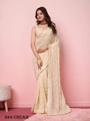 Elegant Georgette Sequins Cream Saree with sequins work blouse