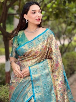 Elegant Golden Beige And Sky Blue Silk Saree With Blouse