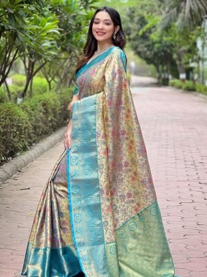 Elegant Golden Beige And Sky Blue Silk Saree With Blouse