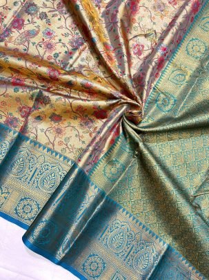 Elegant Golden Beige And Sky Blue Silk Saree With Blouse