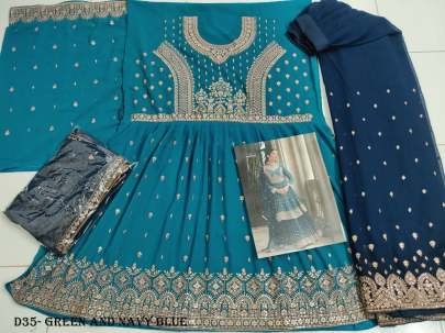 Elegant Green and Navy Blue Anarkali Suit with Intricate Embroidery