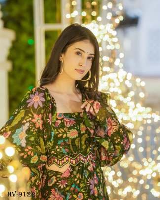 Elegant Green Floral Print Ready To Wear Saree with Sheer Bell Sleeve Blouse