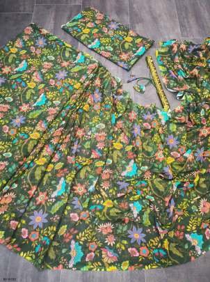 Elegant Green Floral Print Ready To Wear Saree with Sheer Bell Sleeve Blouse