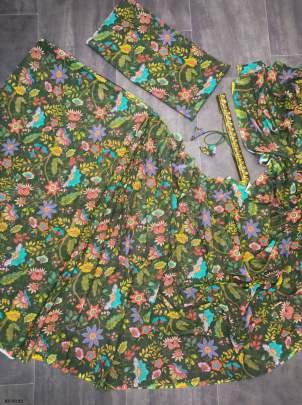 Elegant Green Floral Print Ready To Wear Saree with Sheer Bell Sleeve Blouse