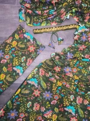 Elegant Green Floral Print Ready To Wear Saree with Sheer Bell Sleeve Blouse