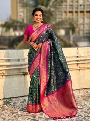 Elegant Green Patola Silk Sarees With Meenakari Ikkat Weaves