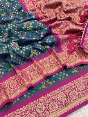 Elegant Green Patola Silk Sarees With Meenakari Ikkat Weaves