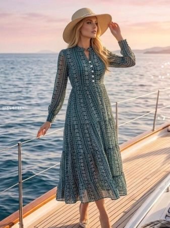 Elegant Green Printed Georgette Midi Dress for Women