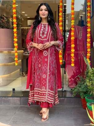 Elegant Hand Works Red Suit With Top Bottom And Dupatta